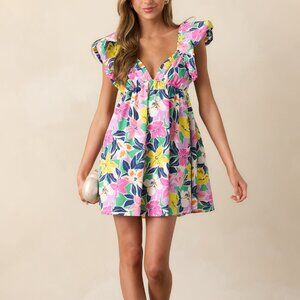 New. Unworn. Red Dress Blooming Love Pink Multi Flutter Sleeve Mini Dress